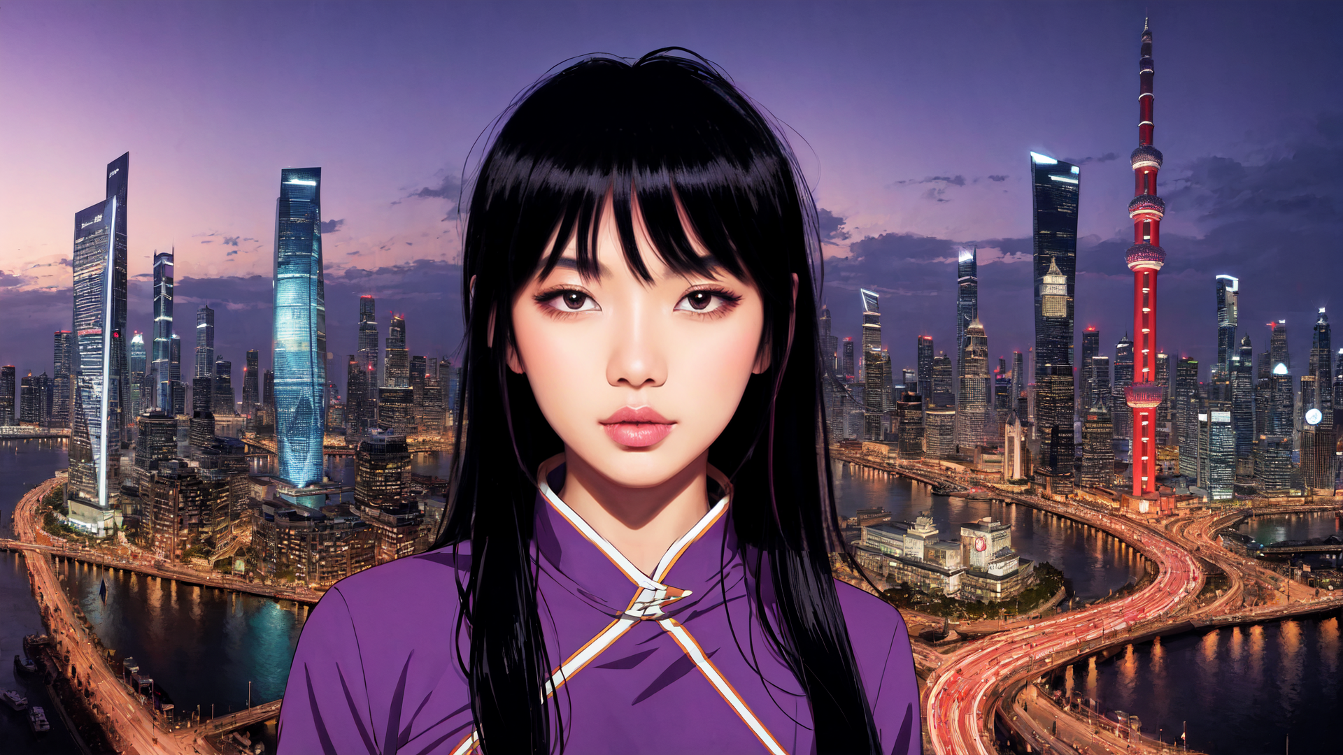 AI generated wallpaper featuring woman, cityscape, skyscrapers