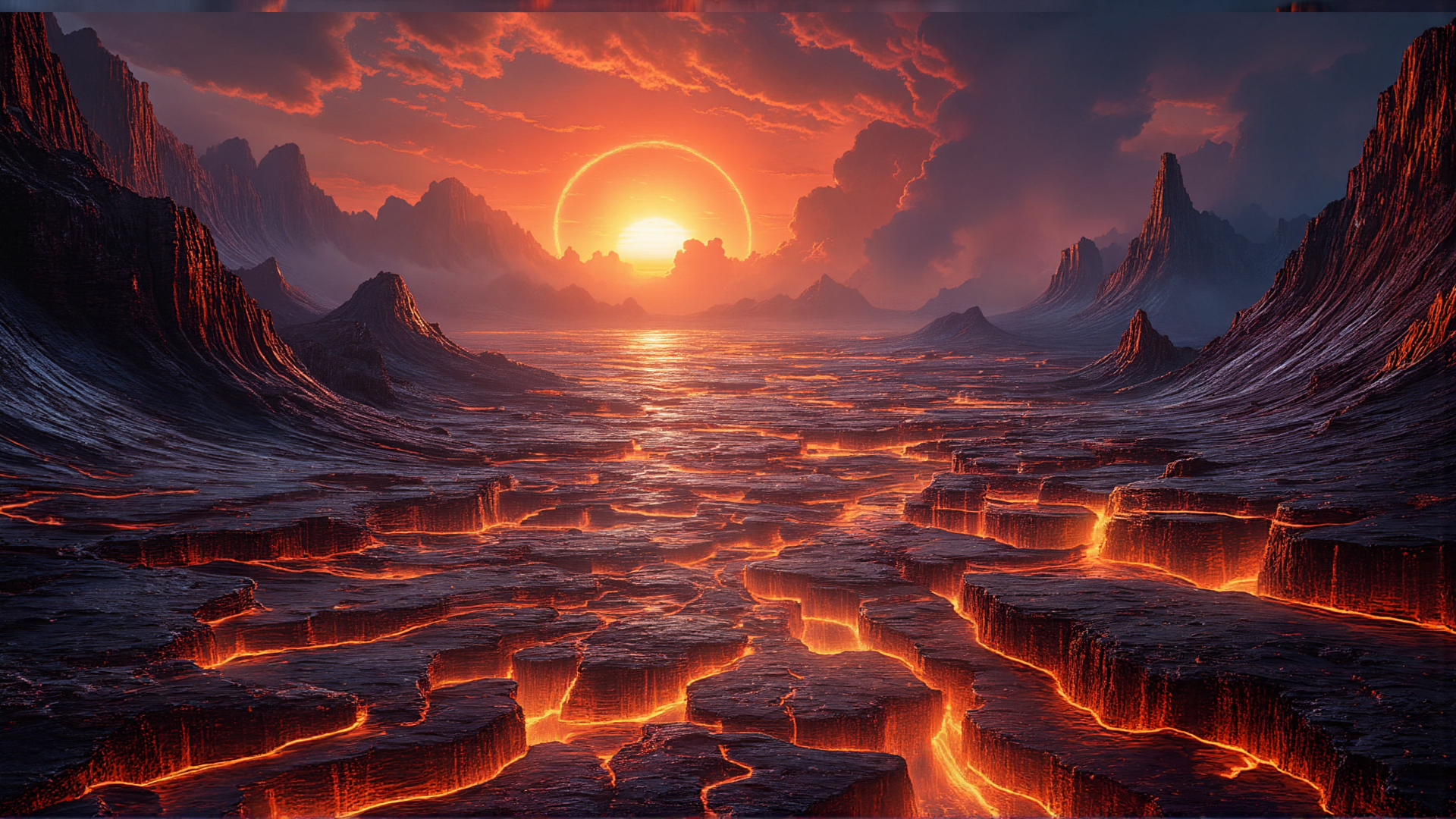 AI generated wallpaper featuring mountains, sun, lava, cracks, landscape, sky, clouds, horizon, earth, planet