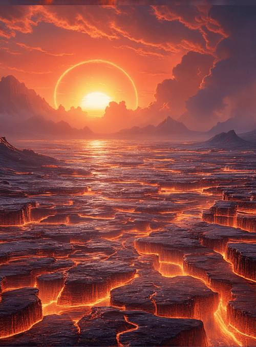 mountains, sun, lava, cracks, landscape, sky, clouds, horizon, earth, planet