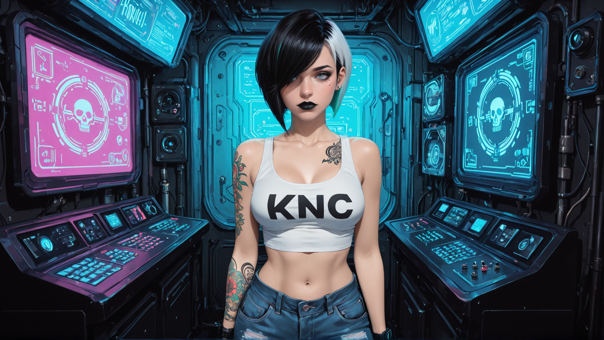 AI generated wallpaper featuring woman, cyberpunk, tattoo, tank top, jeans, screens