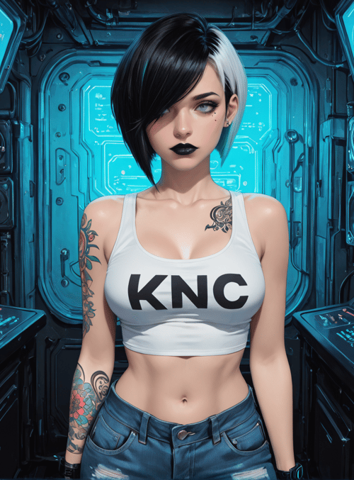 woman, cyberpunk, tattoo, tank top, jeans, screens