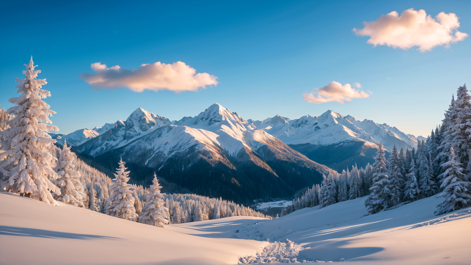 AI generated wallpaper featuring mountains, trees, snow, sky, clouds, landscape