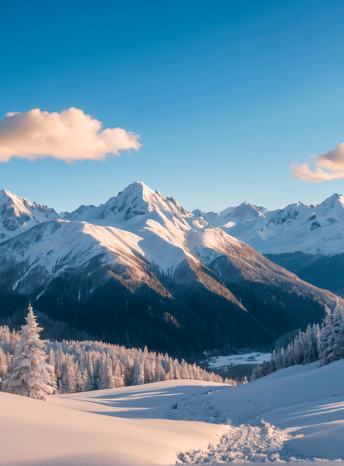 mountains, trees, snow, sky, clouds, landscape