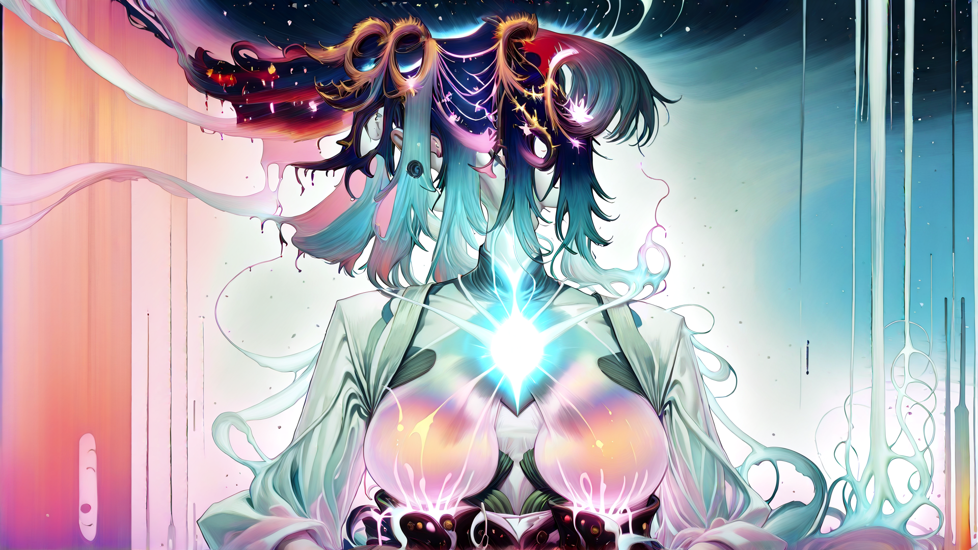 AI generated wallpaper featuring anime girl, glowing heart, liquid hair, cosmic elements, fantasy character, neon lights