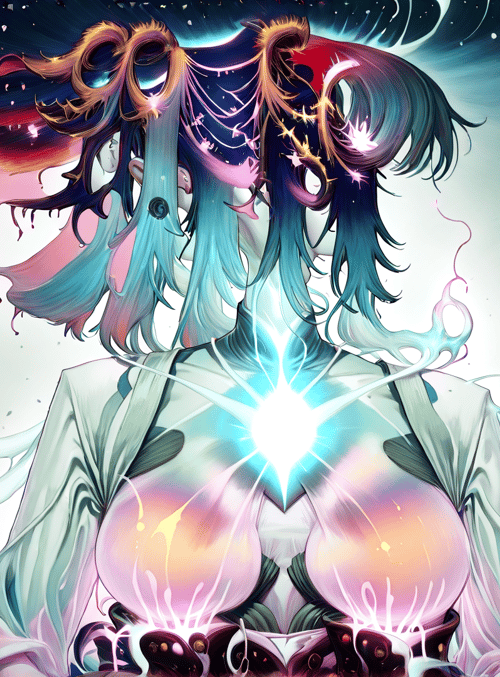 anime girl, glowing heart, liquid hair, cosmic elements, fantasy character, neon lights