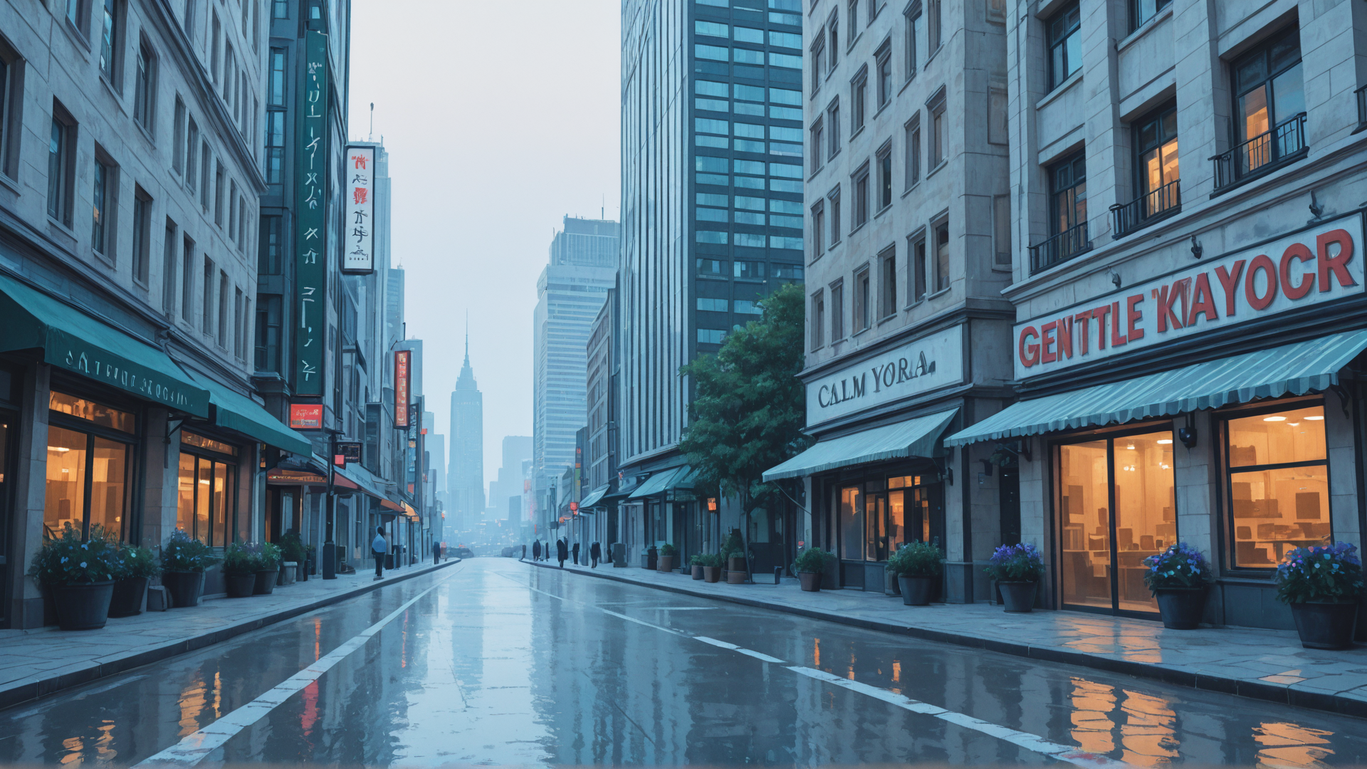 AI generated wallpaper featuring street, buildings, shops, signs, pots, trees, road, people, cityscape, windows