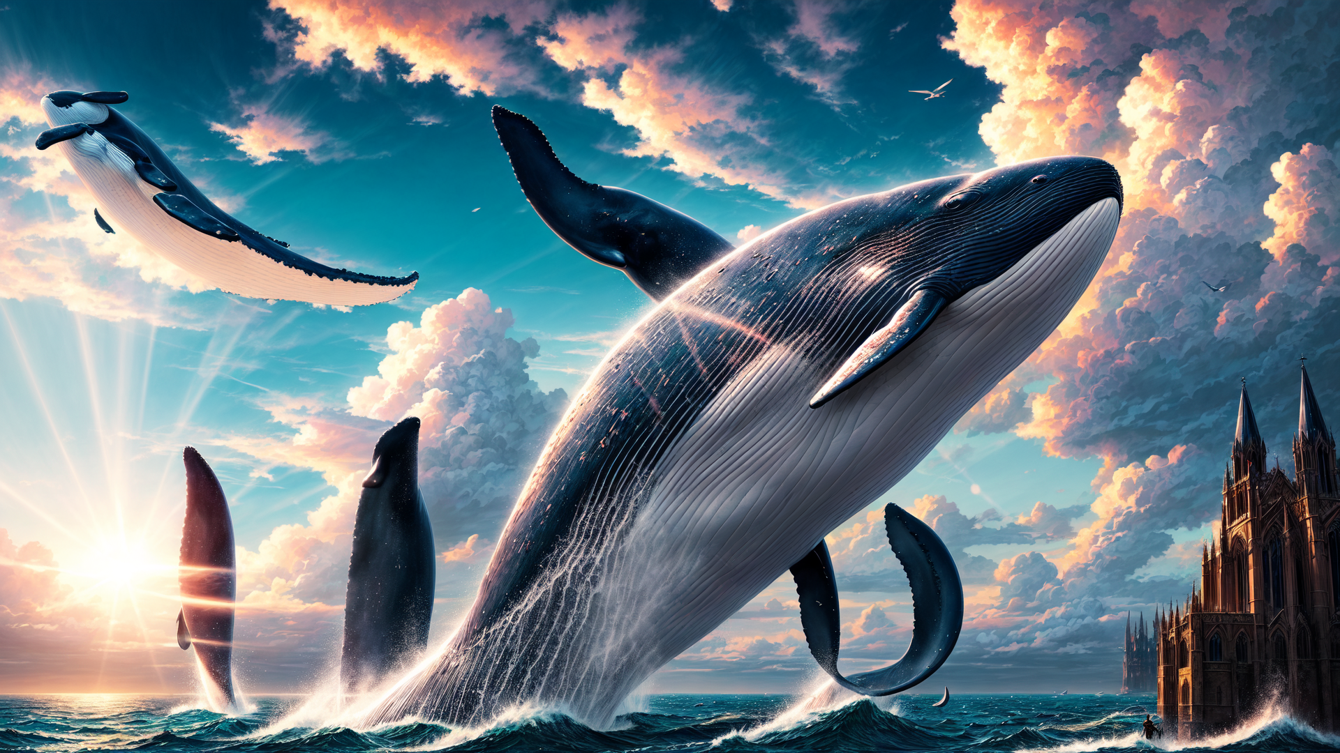 AI generated wallpaper featuring whales, castle, sky