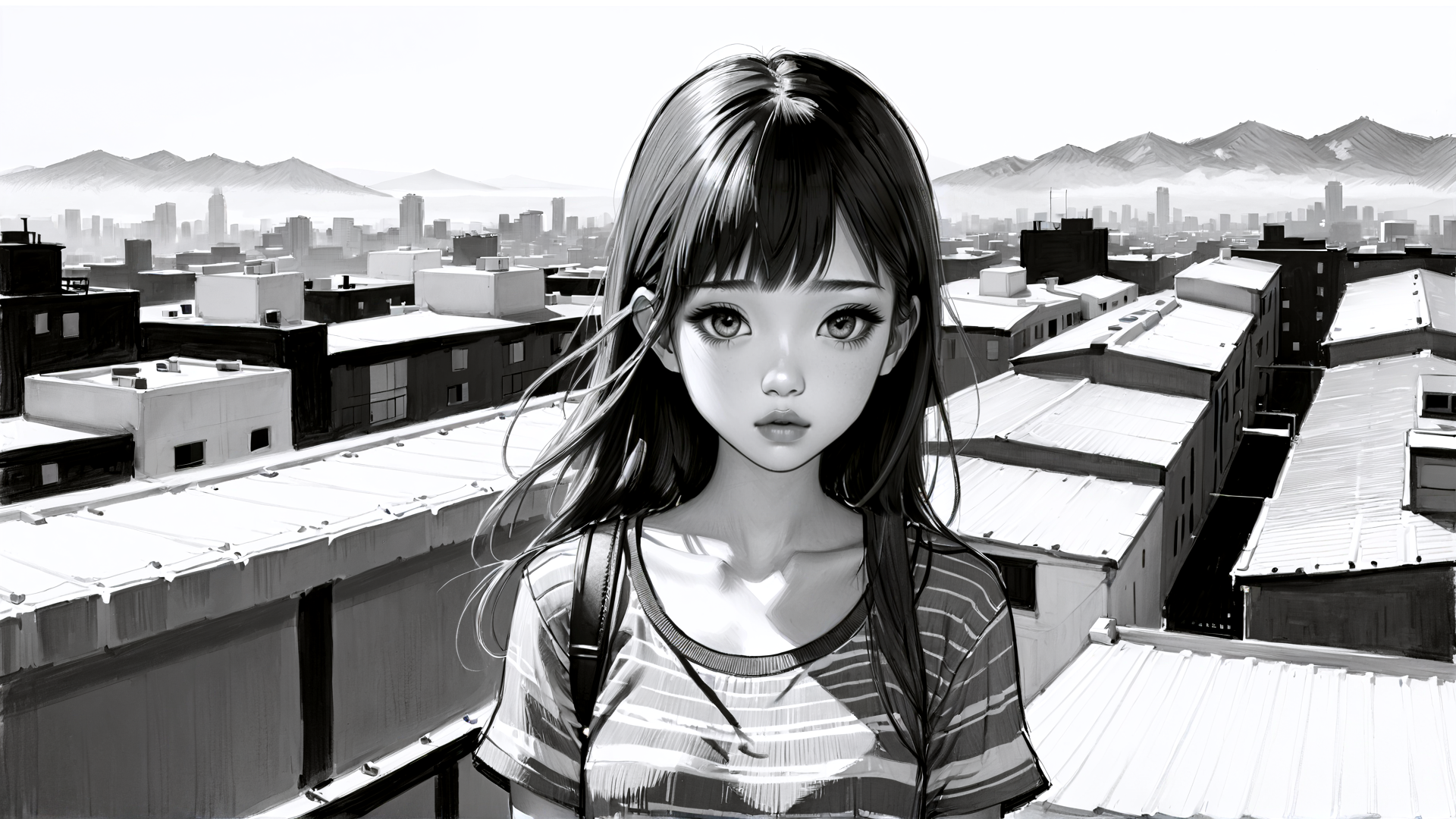 AI generated wallpaper featuring girl, cityscape, rooftop, buildings, mountains