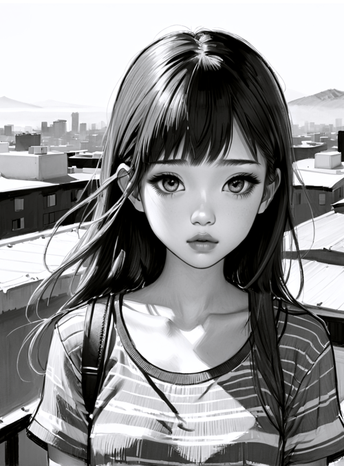 girl, cityscape, rooftop, buildings, mountains