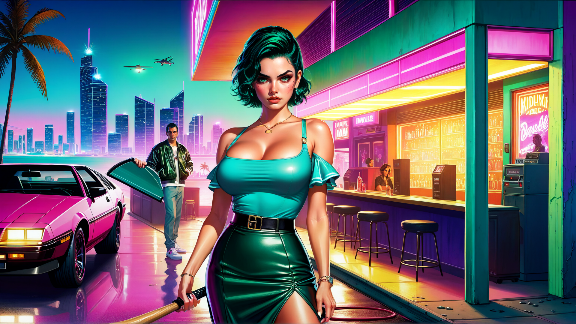 AI generated wallpaper featuring woman, car, bar, cityscape, man