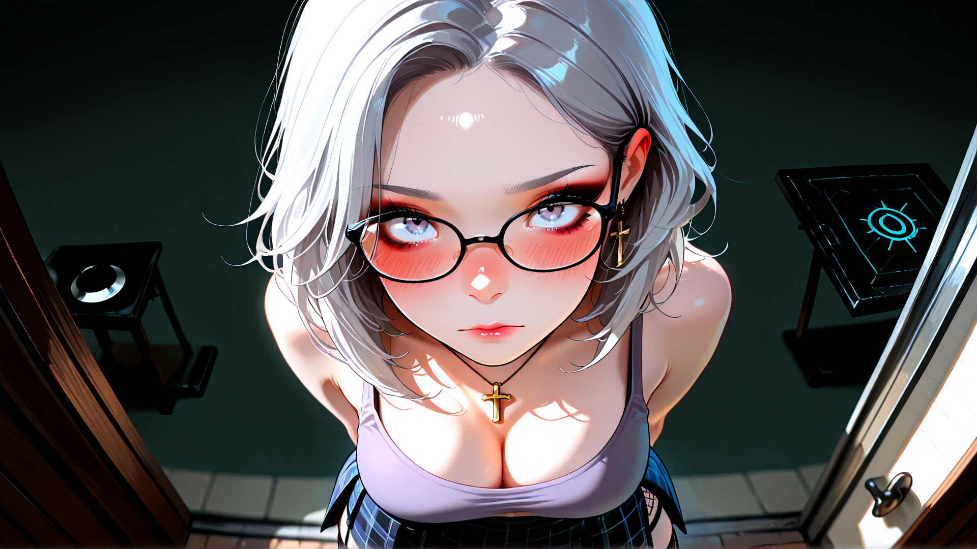 AI generated wallpaper featuring woman, glasses, cross, hair, top