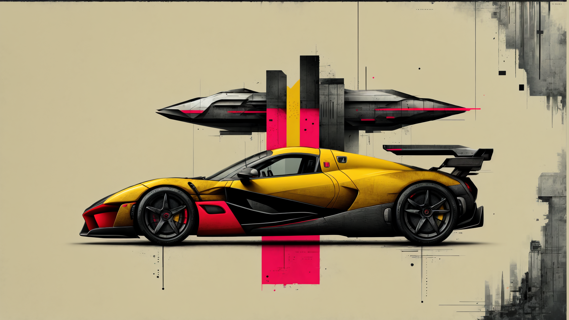 AI generated wallpaper featuring car, spaceship, building