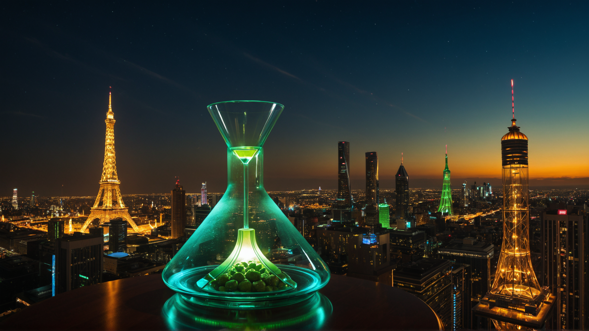 AI generated wallpaper featuring hourglass, cityscape, eiffel tower