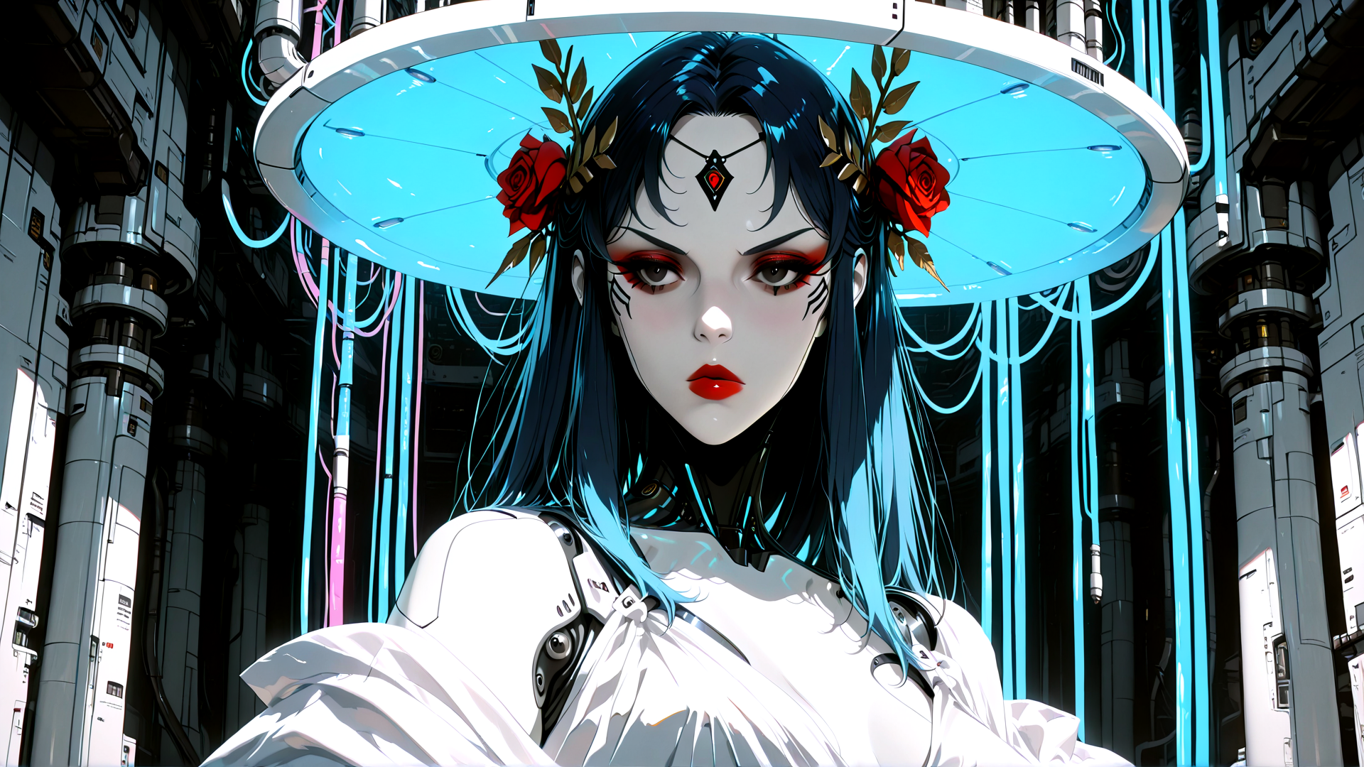 AI generated wallpaper featuring cyborg, woman, rose, helmet, mechanical, headband, hair, gears, goggles, circuit