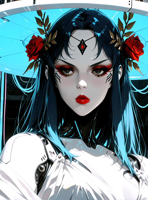 cyborg, woman, rose, helmet, mechanical, headband, hair, gears, goggles, circuit