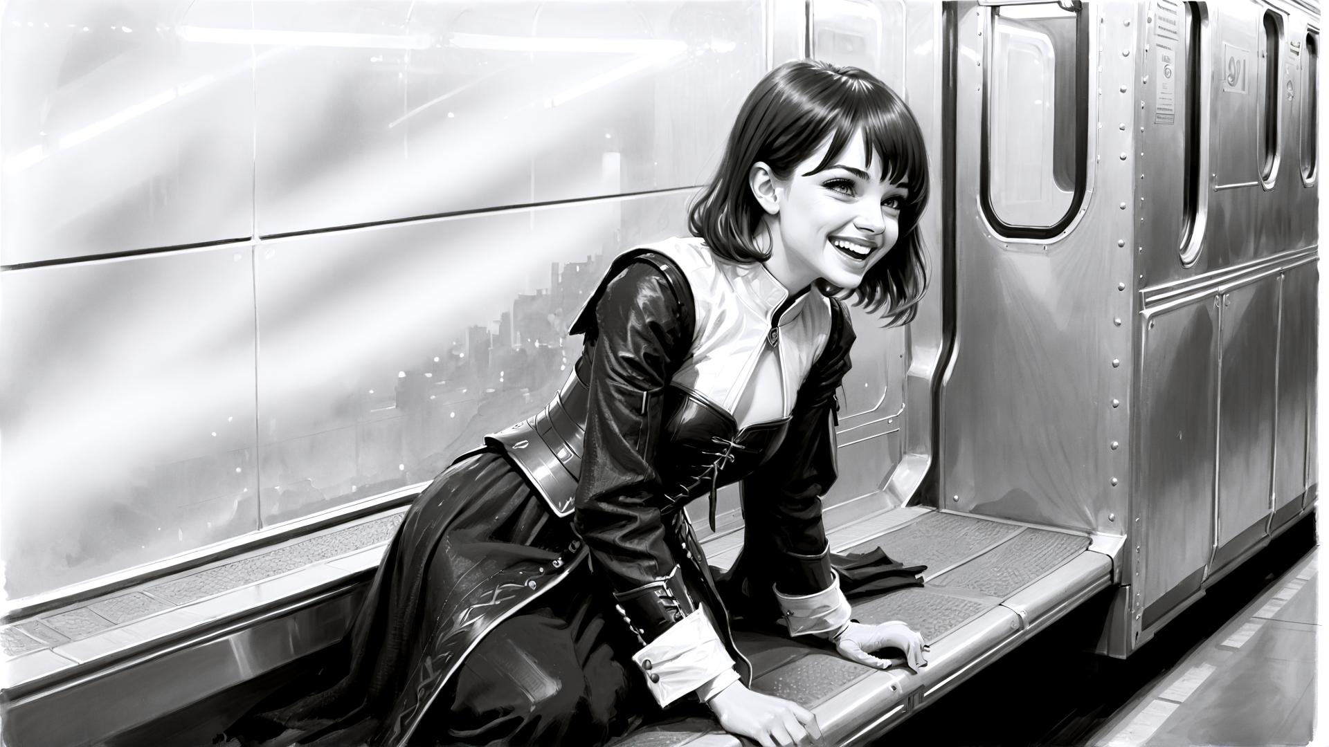 AI generated wallpaper featuring woman, subway, train, cityscape, dress