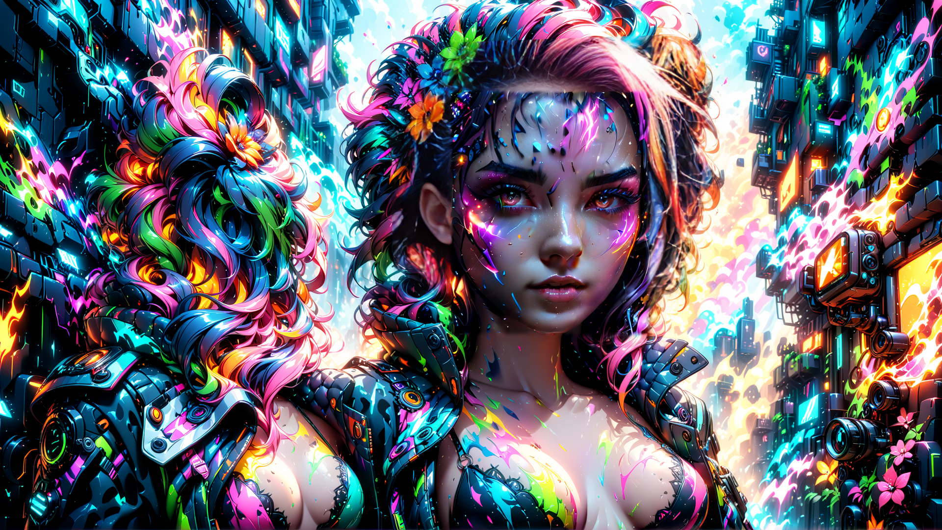 AI generated wallpaper featuring cyborg, woman, neon