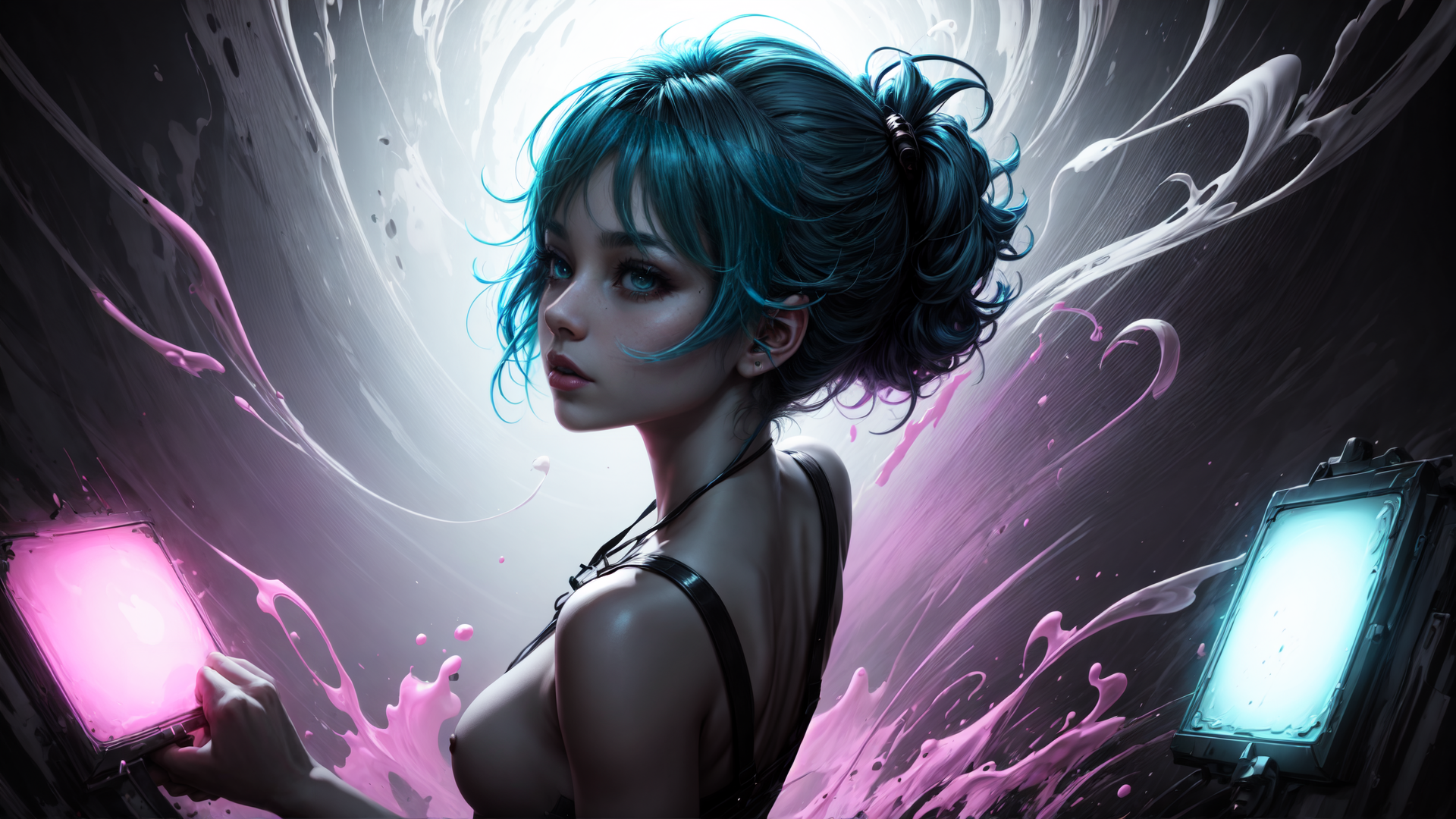 AI generated wallpaper featuring woman, laptop, ink, light, device