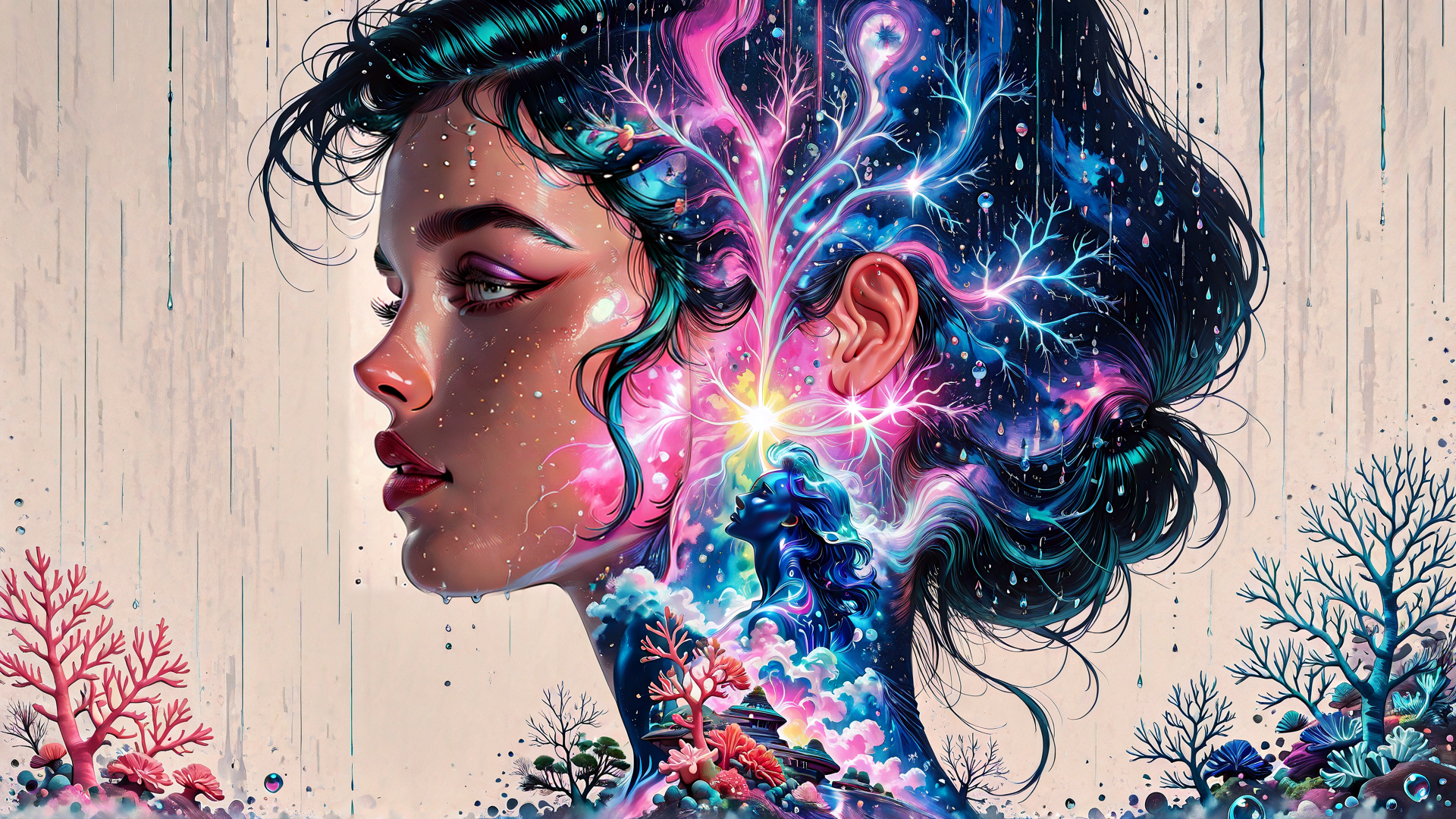 AI generated wallpaper featuring woman, coral, trees, neon, light, brain, water