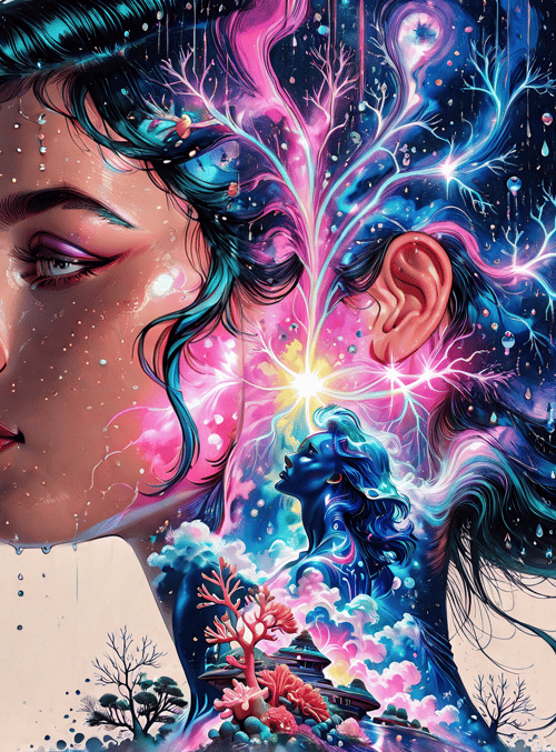 woman, coral, trees, neon, light, brain, water