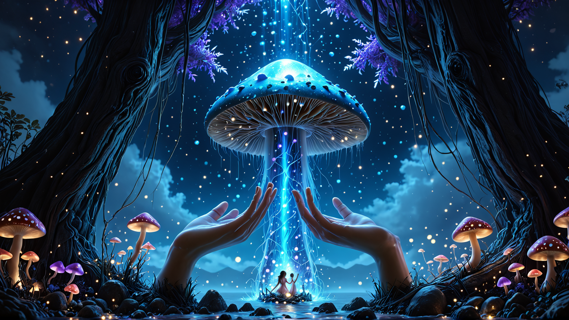 AI generated wallpaper featuring hands, mushroom, trees, people, glowing, fairy, fireflies, forest, water, stones