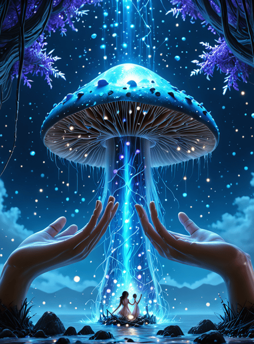 hands, mushroom, trees, people, glowing, fairy, fireflies, forest, water, stones
