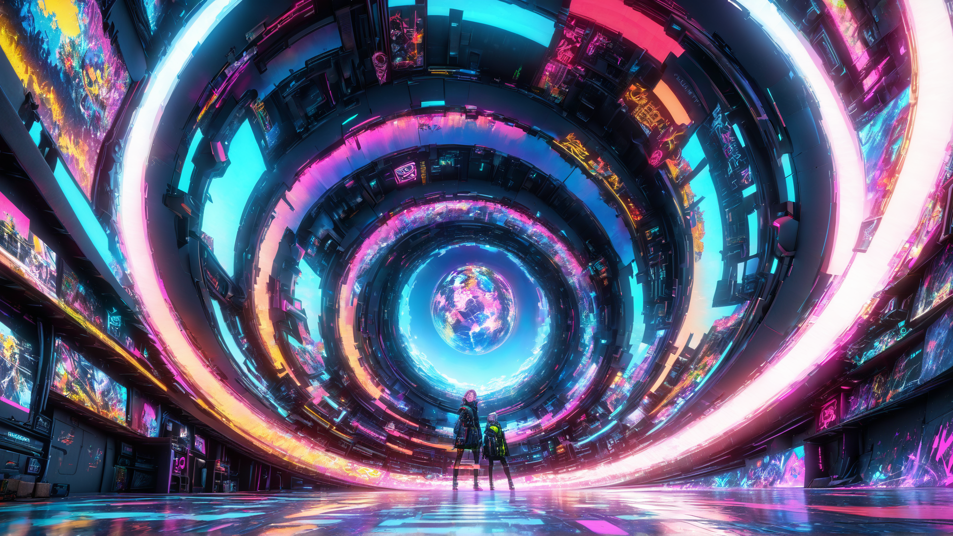 AI generated wallpaper featuring people, neon, globe
