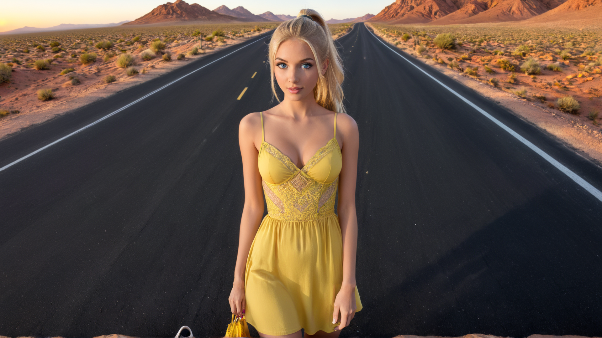 AI generated wallpaper featuring woman, road, desert