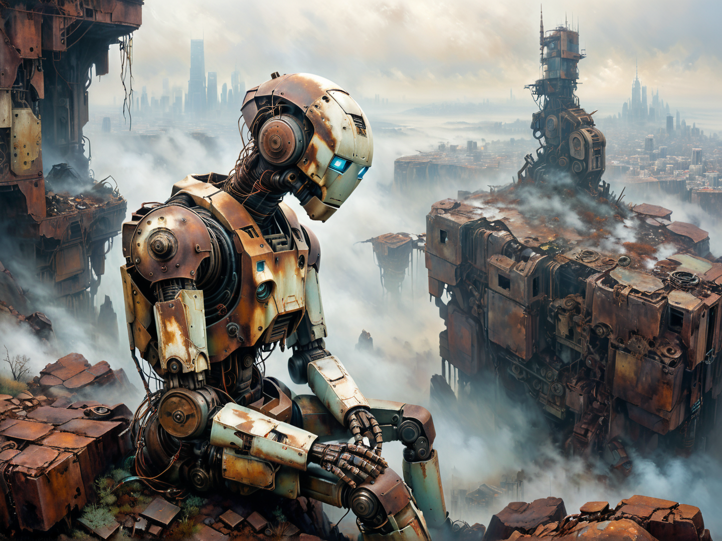 AI generated wallpaper featuring robot, ruined city, steam, mechanical structure, fog