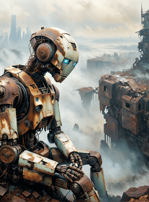 robot, ruined city, steam, mechanical structure, fog