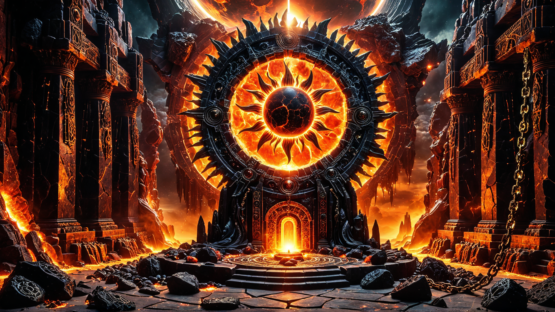 AI generated wallpaper featuring ancient temple, solar gate, ruins, columns, chains, crystals, sun, fire, stone, circular structure
