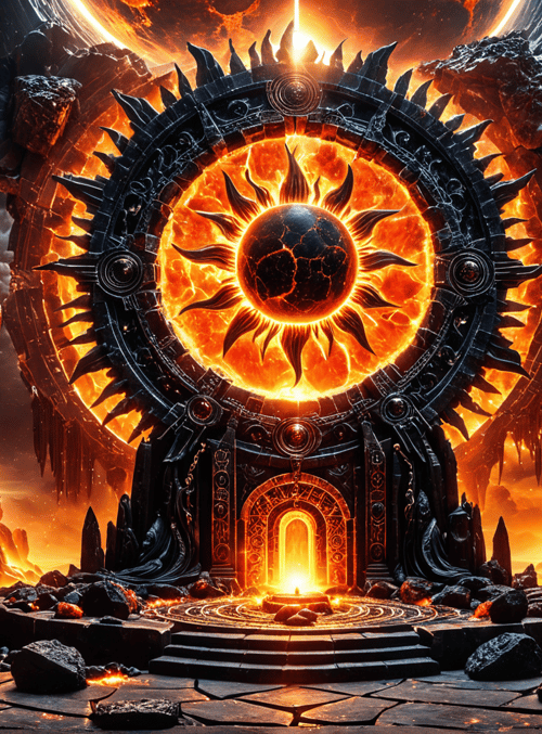 ancient temple, solar gate, ruins, columns, chains, crystals, sun, fire, stone, circular structure