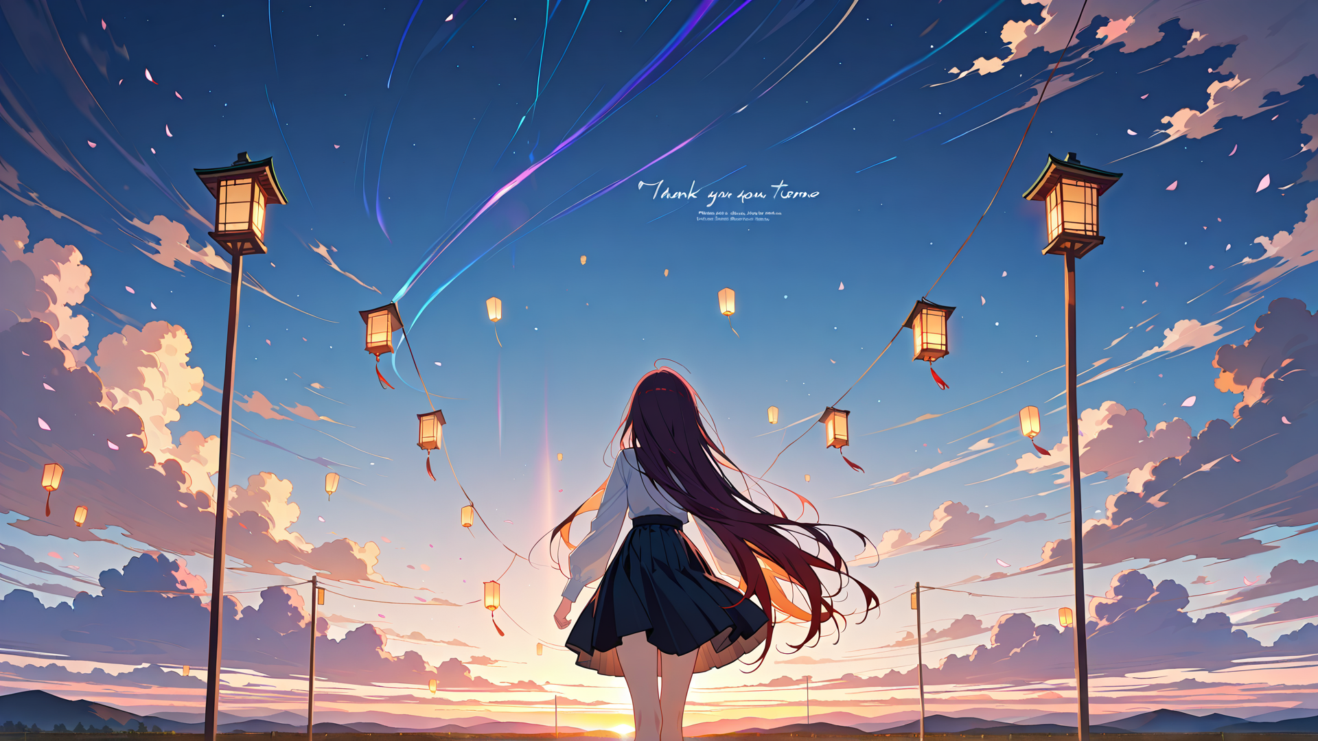 AI generated wallpaper featuring girl, lanterns, sky