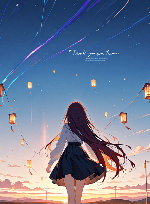 girl, lanterns, sky