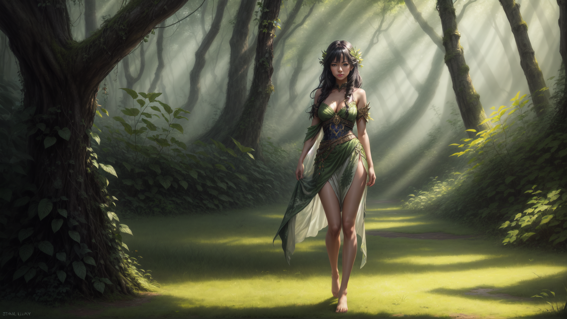 AI generated wallpaper featuring woman, forest, goddess