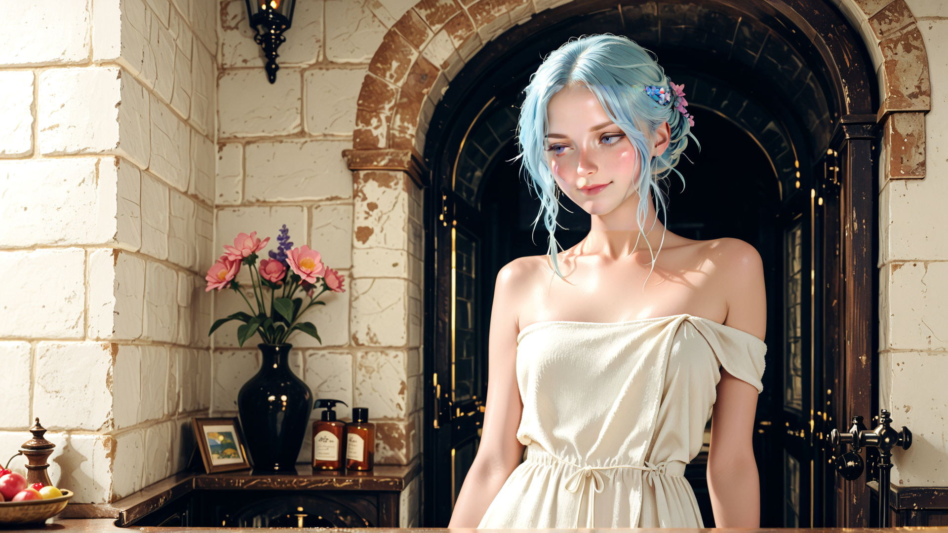 AI generated wallpaper featuring woman, dress, flowers, vase, stone, door, bowl, fruits, bottle, wall