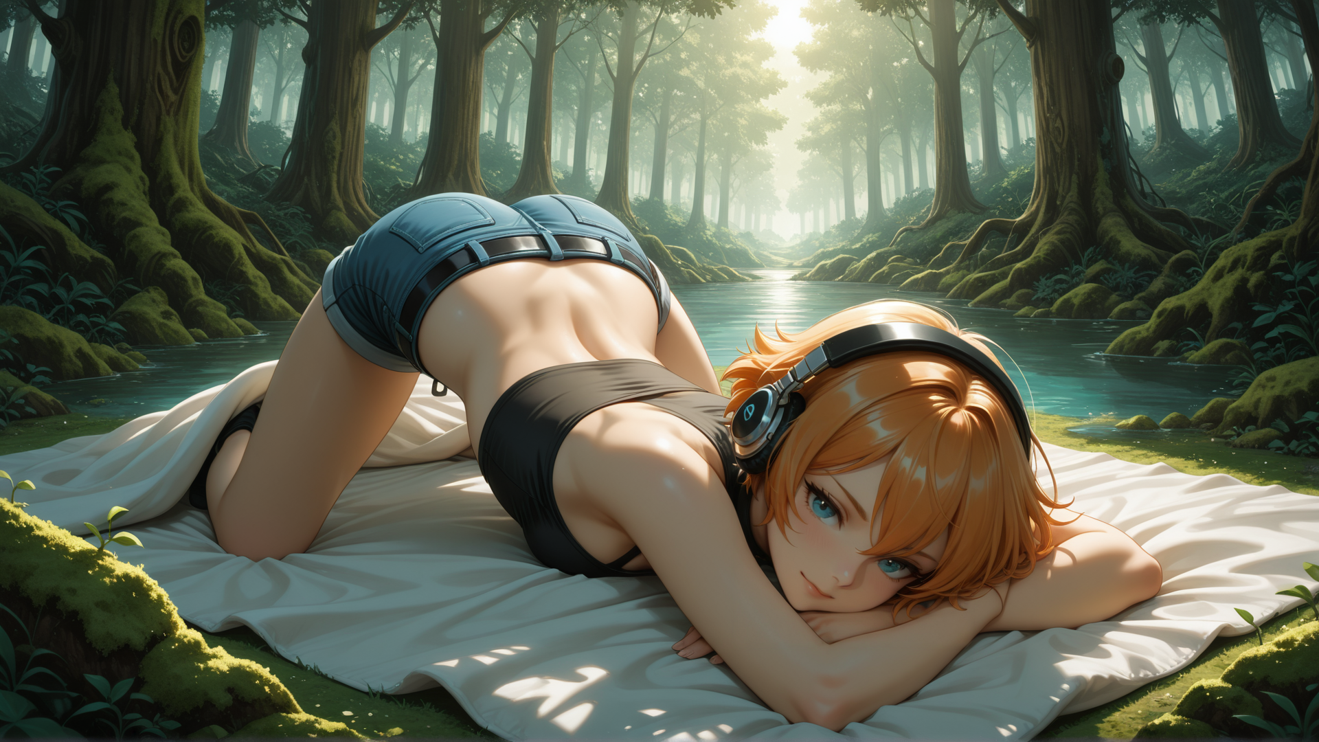 AI generated wallpaper featuring girl, forest, river, headphones, blanket, trees, moss, sunlight, water, clothing
