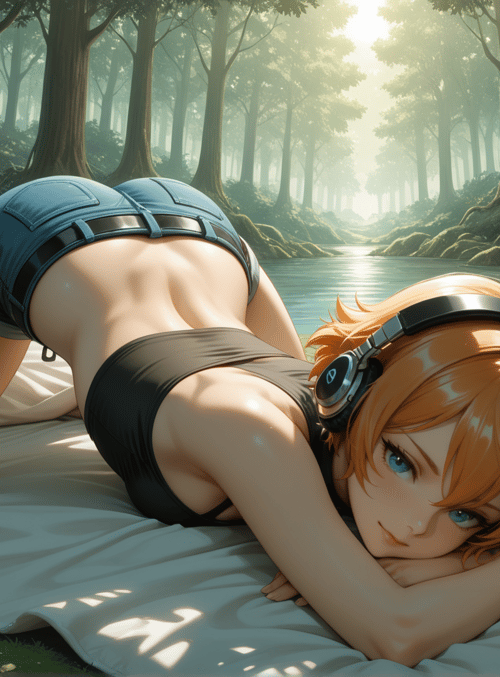 girl, forest, river, headphones, blanket, trees, moss, sunlight, water, clothing