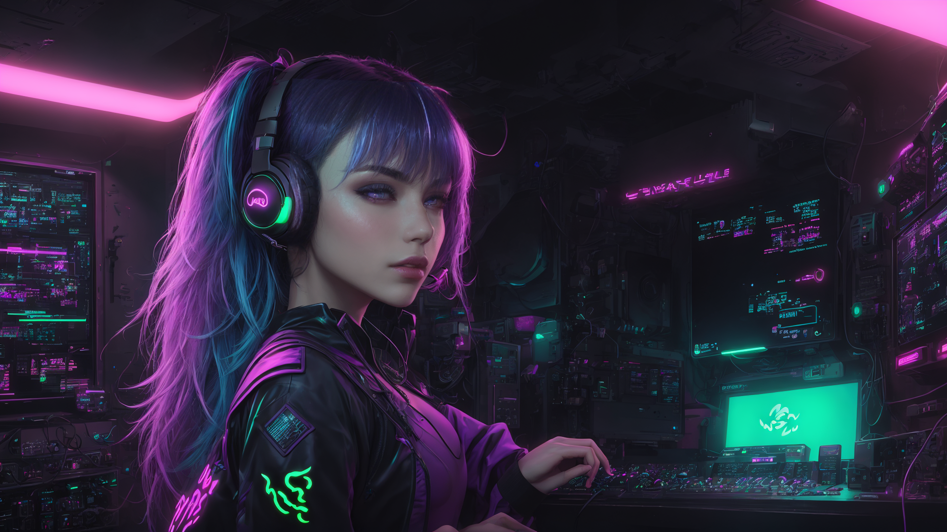 AI generated wallpaper featuring gamer, cyberpunk, woman