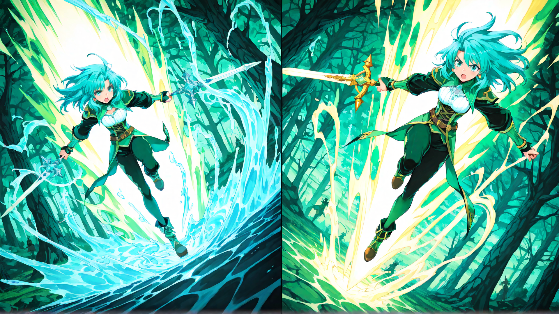 AI generated wallpaper featuring anime character, sword, water, lightning, forest, fantasy, mage, flying, magic, hero