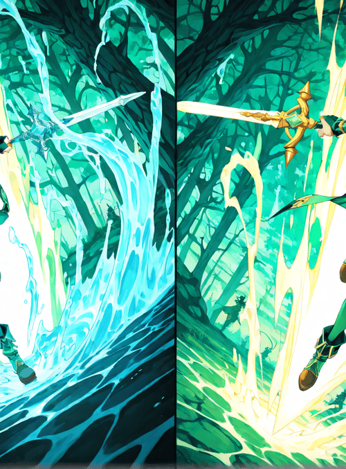 anime character, sword, water, lightning, forest, fantasy, mage, flying, magic, hero