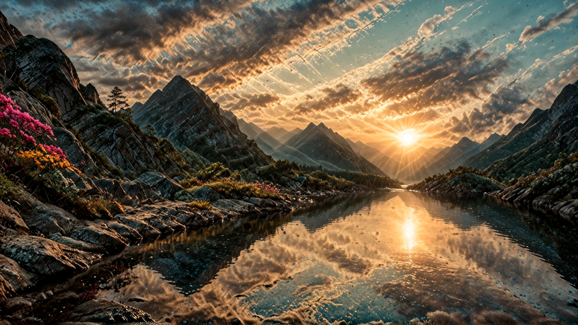 AI generated wallpaper featuring mountains, river, sun, clouds, flowers, rocks, trees