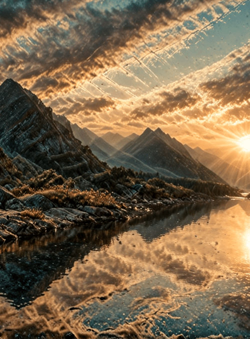 mountains, river, sun, clouds, flowers, rocks, trees
