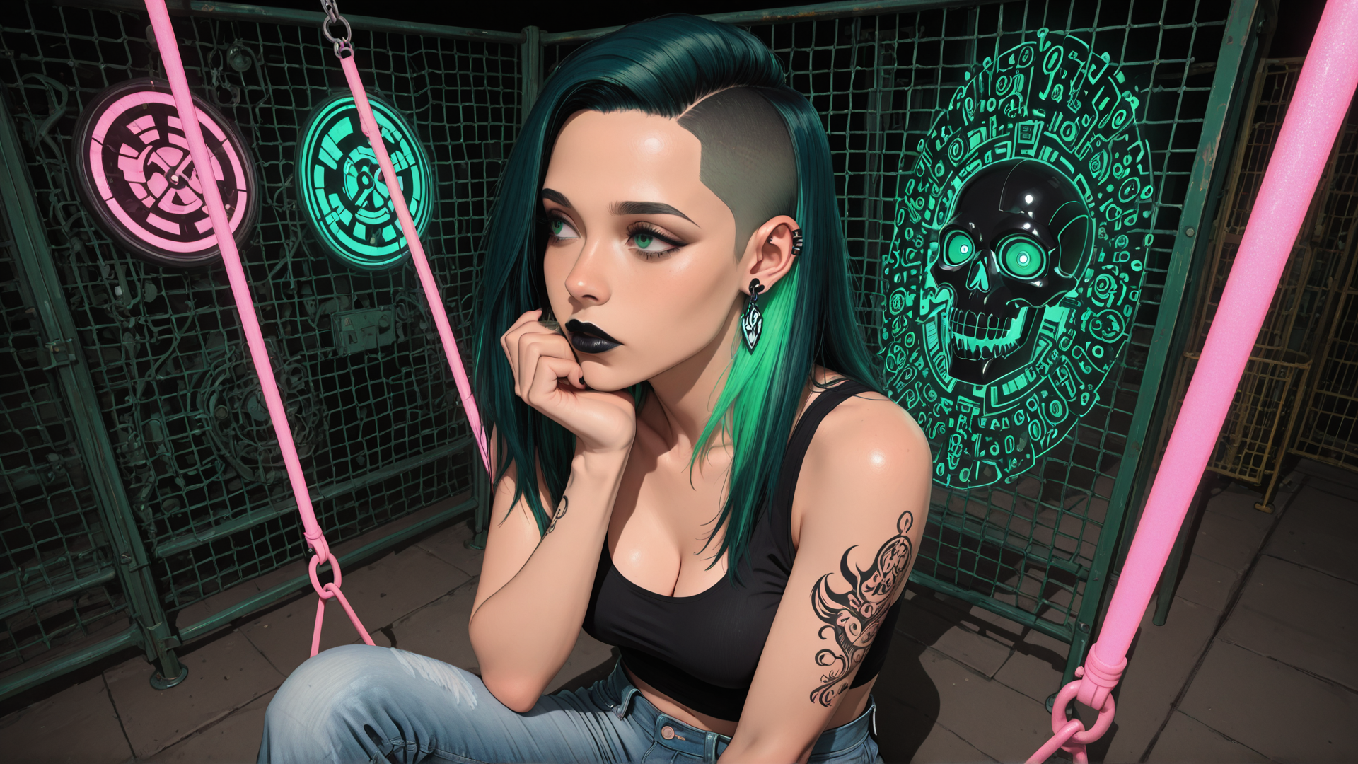 AI generated wallpaper featuring woman, swings, tattoo, skull, fence, lungs, earrings, hair, jacket, jeans