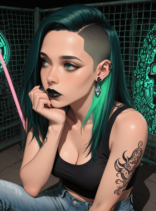 woman, swings, tattoo, skull, fence, lungs, earrings, hair, jacket, jeans