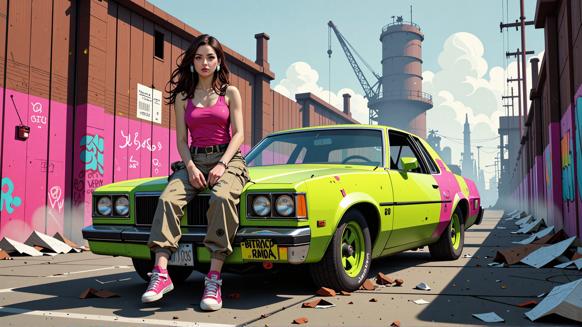 AI generated wallpaper featuring woman, car, graffiti, street, building