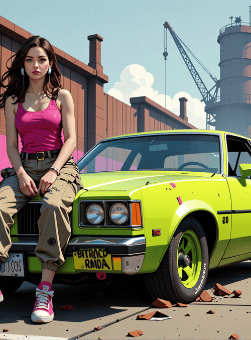 woman, car, graffiti, street, building