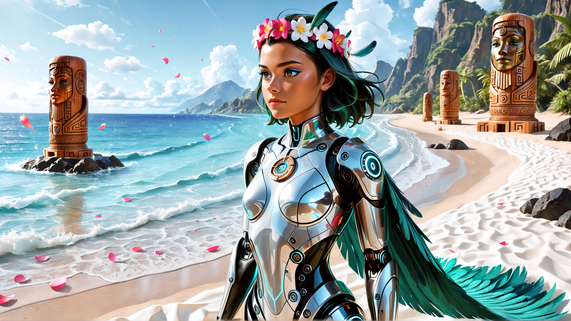 AI generated wallpaper featuring cyborg, beach, statue, flower, ocean, feathers, sand, mountain, palm, rose