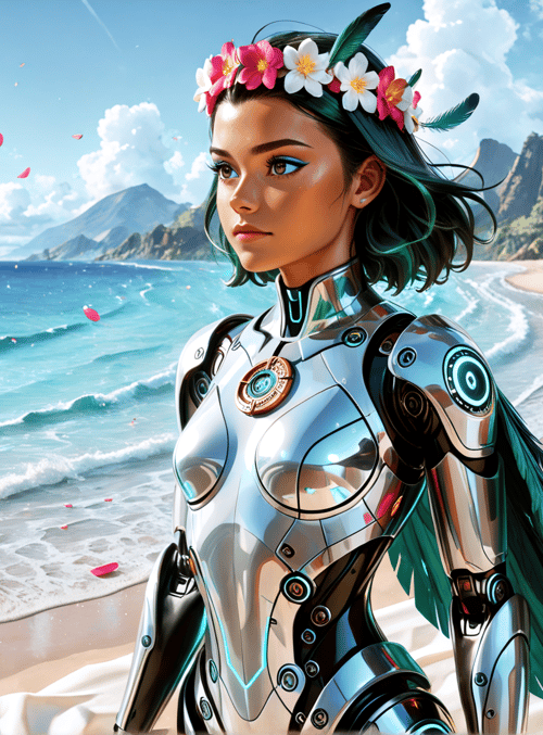 cyborg, beach, statue, flower, ocean, feathers, sand, mountain, palm, rose