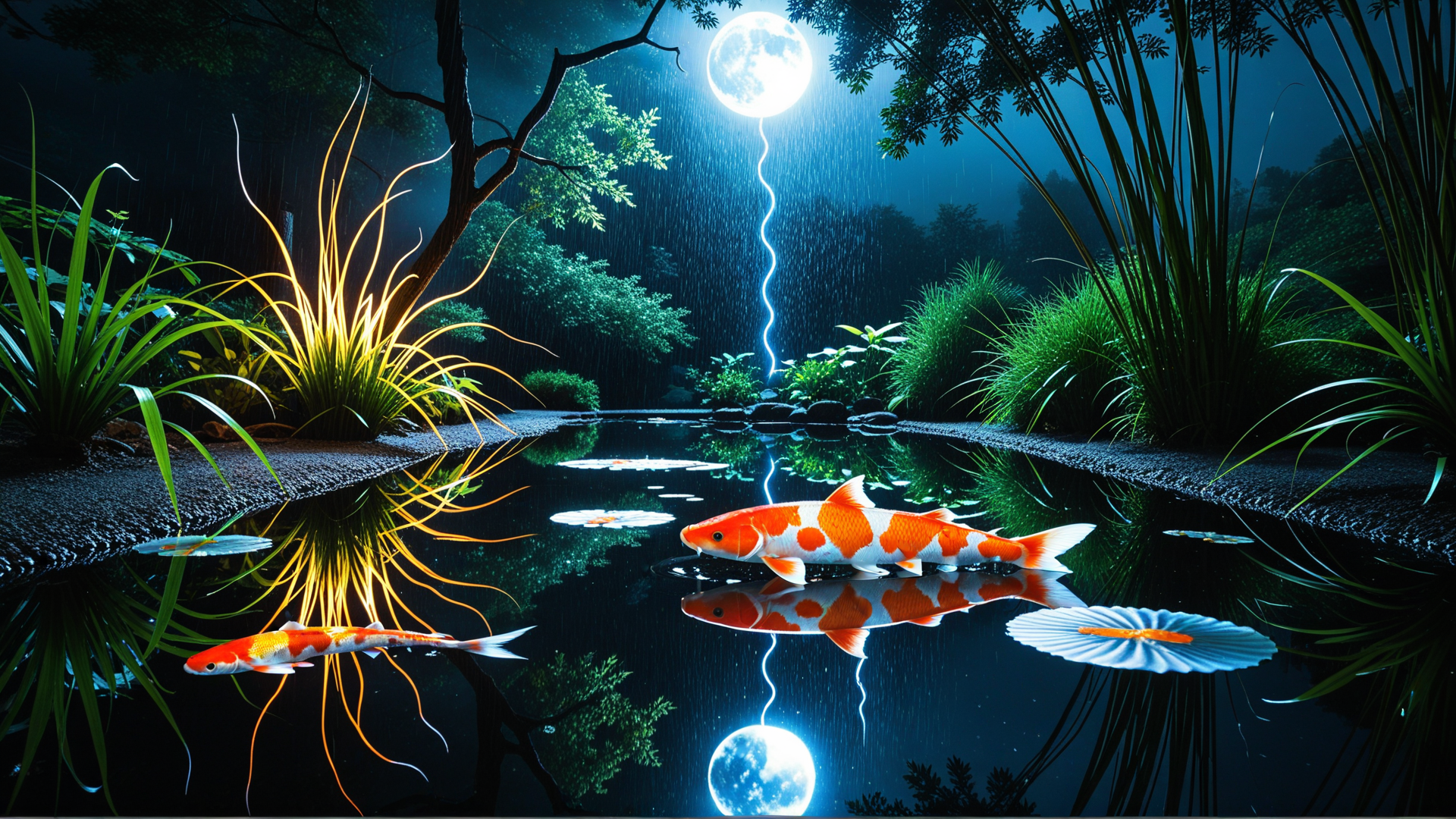 AI generated wallpaper featuring koi fish, moon, pond, lotus, plants, trees